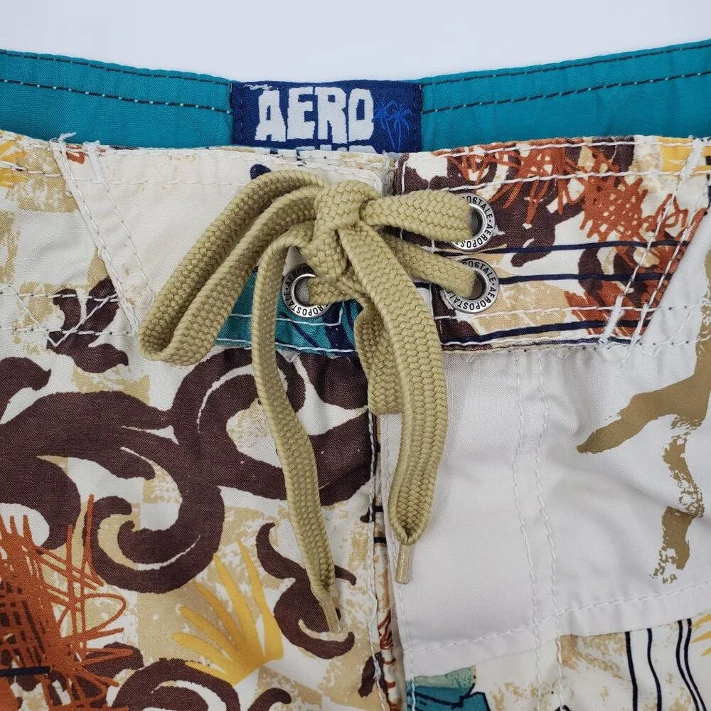 Aeropostale Aero Surf Board Shorts Swim Trunks Tropical Hawaiian Tan Mens Size M